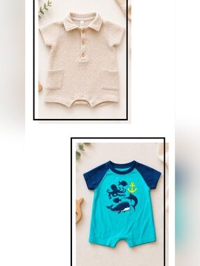 Bundle Of 2 - Short-Sleeve Beige Waffle-Knit & Turquiose Ocean Print Rompers